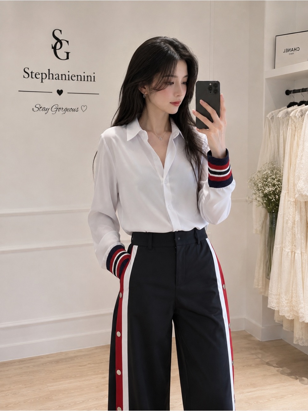 Women’s Black Wide-Leg Track Pants Red & White Snap Side Stripes - Picture 5 of 7